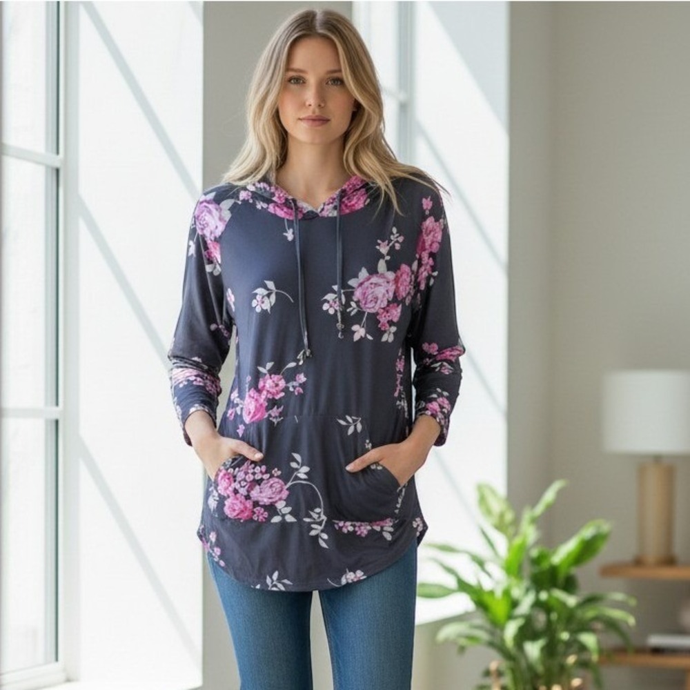 Bhome XXL Gray Floral Hoodie Womens Long Sleeve Pullover Sweatshirt Side Scrunch